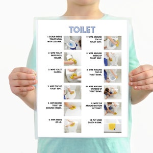 May include: A printable checklist with illustrations showing how to clean a toilet. The checklist includes 12 steps, such as scrubbing the toilet bowl, wiping the toilet seat, and wiping the toilet handle.