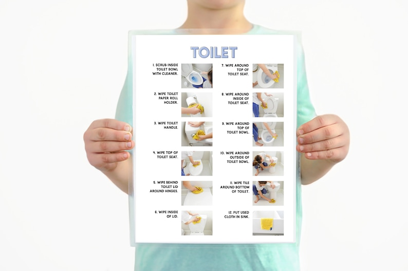 May include: A printable checklist with illustrations showing how to clean a toilet. The checklist includes 12 steps, such as scrubbing the toilet bowl, wiping the toilet seat, and wiping the toilet handle.