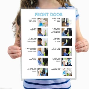 May include: A printable checklist with 12 steps for cleaning a front door. The steps are illustrated with photos of a person cleaning a door. The steps include gathering supplies, wiping the door, and putting away supplies.