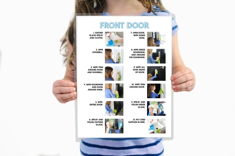 May include: A printable checklist with 12 steps for cleaning a front door. The steps are illustrated with photos of a person cleaning a door. The steps include gathering supplies, wiping the door, and putting away supplies.