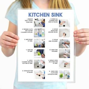 May include: A printable checklist with 12 steps for cleaning a kitchen sink. The steps are illustrated with photos of a person cleaning a sink. The checklist includes steps like removing dirty dishes, preparing a cleaning cloth, wiping the front of the sink, scrubbing the drain, and rinsing the sink strainer.
