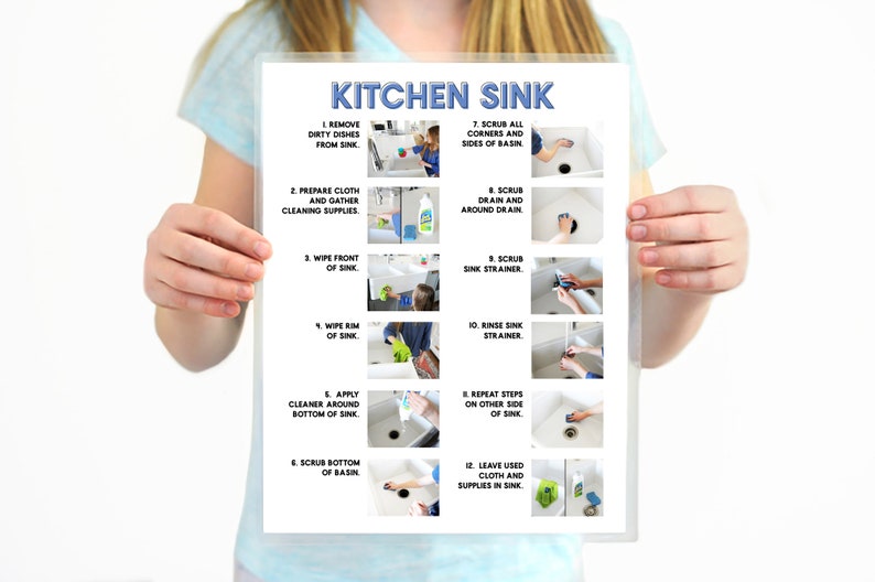 May include: A printable checklist with 12 steps for cleaning a kitchen sink. The steps are illustrated with photos of a person cleaning a sink. The checklist includes steps like removing dirty dishes, preparing a cleaning cloth, wiping the front of the sink, scrubbing the drain, and rinsing the sink strainer.