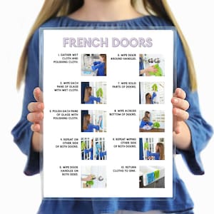 May include: A printable checklist with illustrations showing how to clean French doors. The checklist includes steps like gathering wet and polishing cloths, wiping each pane of glass, polishing each pane of glass, repeating on the other side of both doors, wiping door handles on both sides, and returning cloths to the sink.