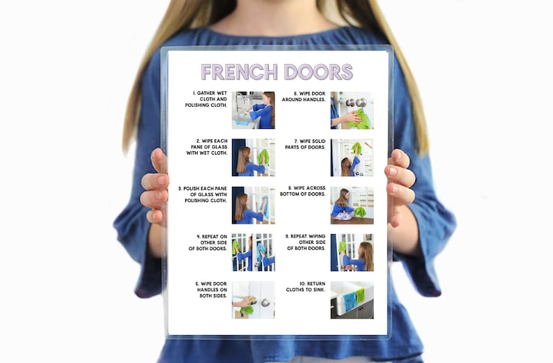 May include: A printable checklist with illustrations showing how to clean French doors. The checklist includes steps like gathering wet and polishing cloths, wiping each pane of glass, polishing each pane of glass, repeating on the other side of both doors, wiping door handles on both sides, and returning cloths to the sink.