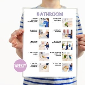 Badkamer stapsgewijze visuele hulp - schoonmaakklusjesgidsen - spiekbriefje - groen leven - vaardigheden onafhankelijk leven - karweikaart