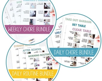 May include: Three printable chore charts for kids. The charts are divided into three categories: Weekly Chore Bundle, Daily Chore Bundle, and Daily Routine Bundle. Each chart has a colorful background and includes a list of chores or tasks.