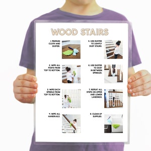 May include: A printable checklist with illustrated steps for cleaning wood stairs. The steps include preparing cleaning supplies, wiping posts, spindles, and handrails, dusting stairs and between spindles, and cleaning up supplies.