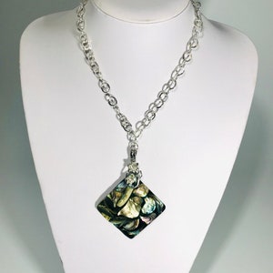 Women’s Statement Necklace with Large Abalone Shell Pendant on Silver Plated Chain