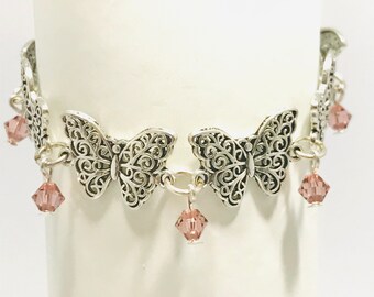 Butterfly Bracelet In Silver Tone, Women's / Girl's Jewellery With Pink Swarovski Crystals