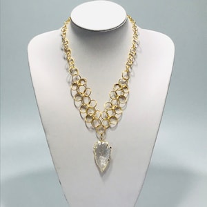 Chain Maille Link Necklace For Women, In Gold Plated Rings With Quartz Arrowhead Pendant