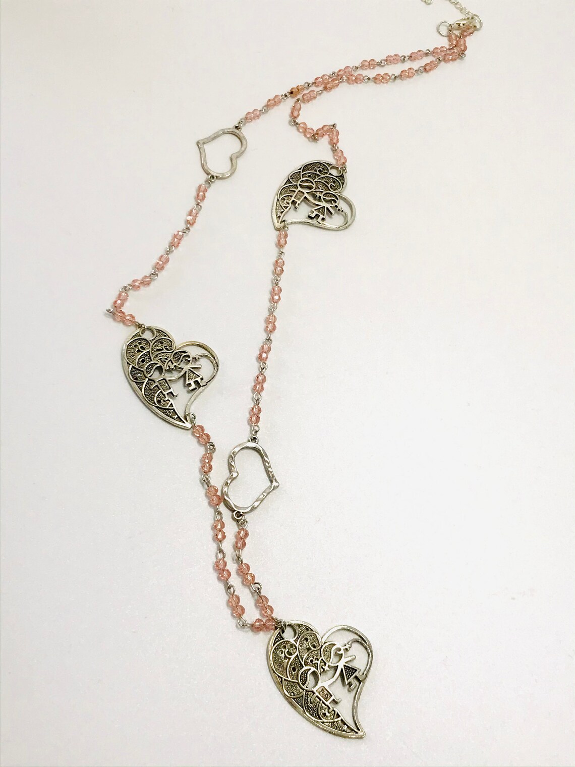 Long Sweater Necklace Made With Pink Glass Beads and Hearts Etsy Canada