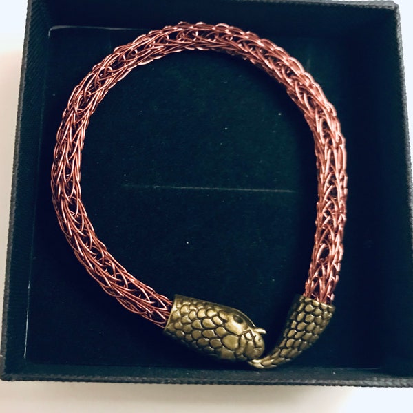 Viking Bracelet For Men in Antique Copper Wire Knit and Snake Clasp