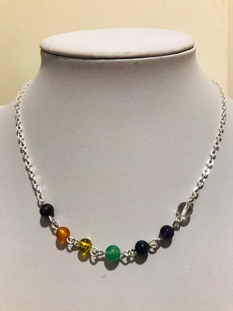 Women/'s Girls Necklace With the Seven Chakra Crystals on a Short Silver Plated Chain
