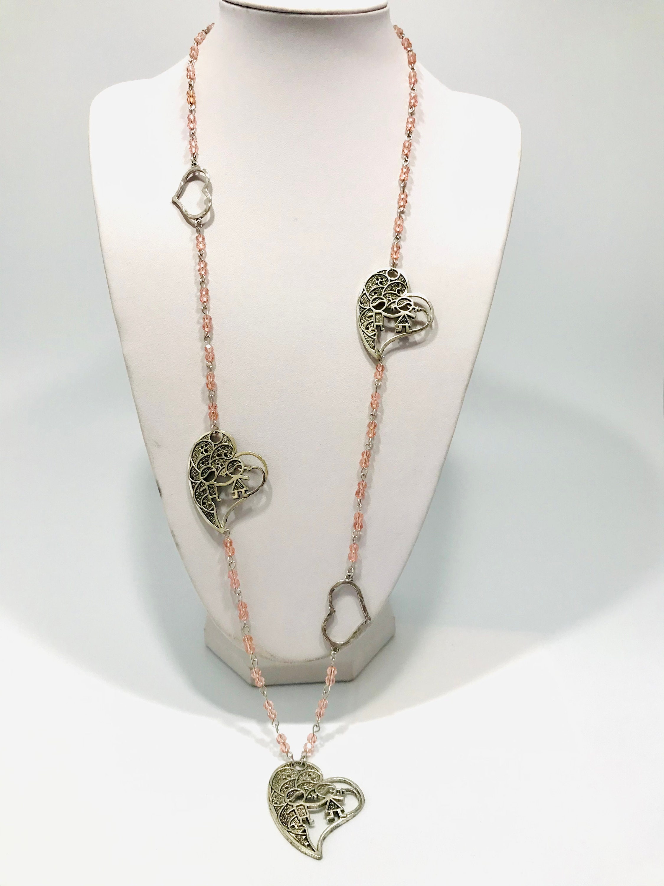 Long Sweater Necklace Made With Pink Glass Beads and Hearts Etsy Canada