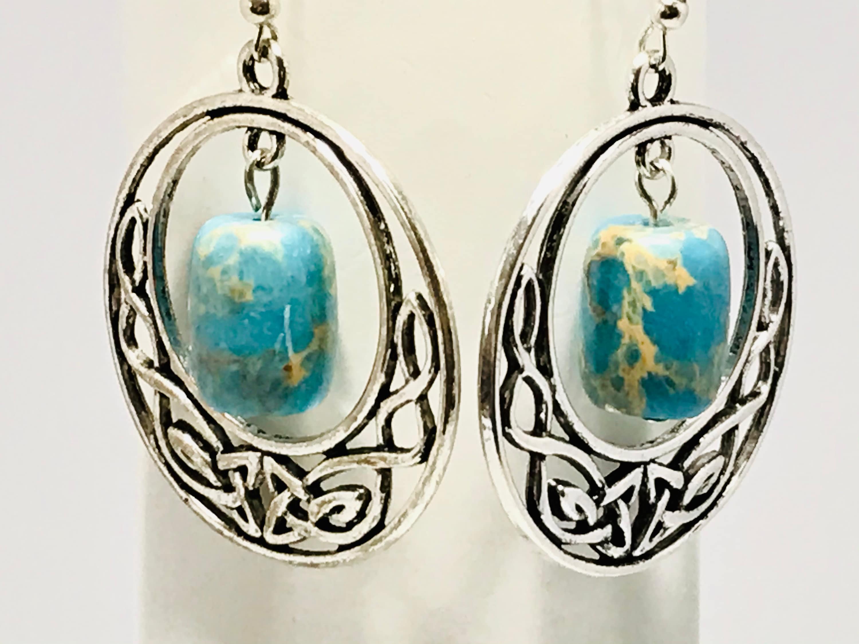 Acciaio Celtico Circolari Orecchini, Triquetra Nodo con Blu Turchese Pietra per Uomo Donna, Cerniera Orecchini