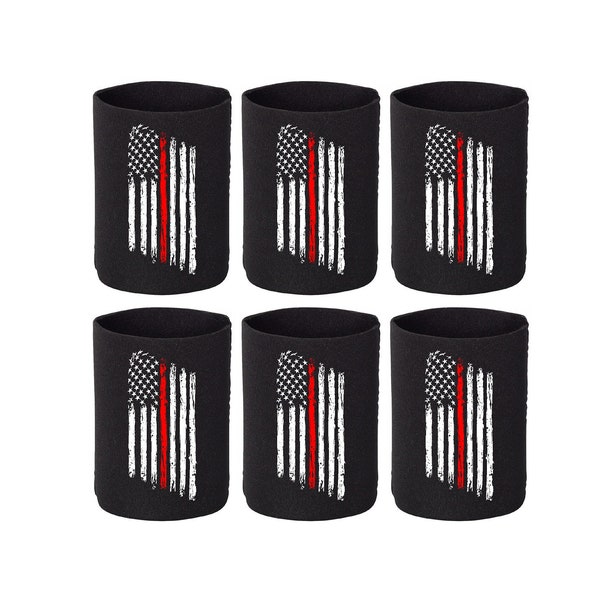 Thin Red Line American Flag Can Cooler Firefighter Beer Sleeve Coozie Cozie  Insulator Collapsible Drink Insulated Black 6 Pack