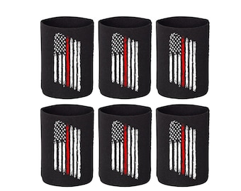 Dünne rote Linie amerikanische Flagge Dosenkühler Feuerwehrmann Bier Hülse Coozie Cozie Isolator faltbares Getränk isoliert schwarz 6-Pack