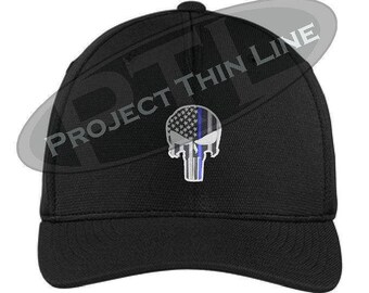 Subdued Punisher Skull American Flag Thin Blue Line Flex Fit Baseball Cap Hat Police Law Enforcement