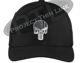 Subdued Punisher Skull American Flag Flex Fit Baseball Cap Hat
