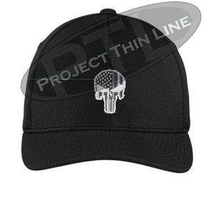 Subdued Punisher Skull American Flag Thin Silver Line Flex Fit Baseball Hat - Corrections Officer Guard Warden Police Law Prison