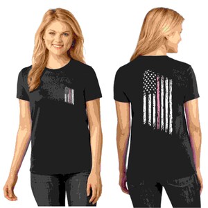 Tattered American Flag Thin Pink Line Women&#39;s Short Sleeve T-Shirt - Breast Cancer Awareness
