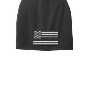 Black Thin SILVER Line Flag Slouch Beanie Hat - Corrections Officers