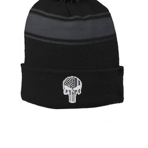 Thin SILVER Line Embroidered Skull Punisher Corrections Officer Guard Black Pom Pom Winter Hat