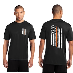 Tattered American Flag Thin Orange Line Corrections Officer Short Sleeve Performance Shirt - Search and Rescue