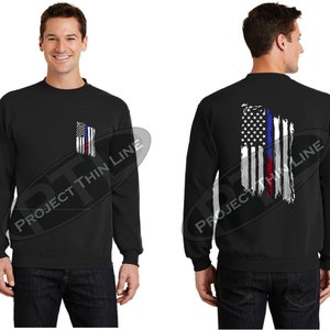 Tattered American Flag Thin Blue and Red Line Crewneck Sweatshirt - Law Enforcement and Firefighters