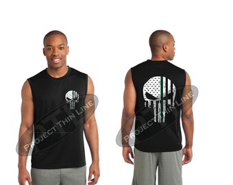 Tattered American Skull Flag Thin Green Line Performance Tank Top - Military members and Federal Agents