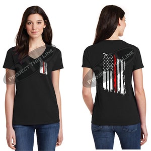 Tattered American Flag Thin Red Line Women&#39;s Short Sleeve T Shirt Firemen, Fireman and Firefighters