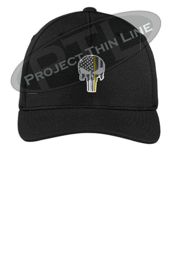 Subdued Punisher Skull American Flag Thin Yellow Line Flex Fit Baseball Cap Hat - Security Officer Tow Truck Driver