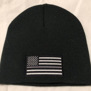Thin SILVER Line Embroidered FLAG Corrections Officer Guard Black Skull Cap Winter Hat