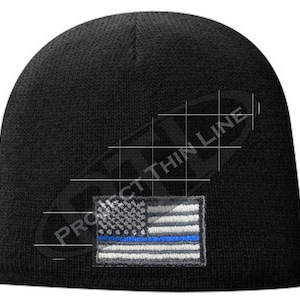 Gestickte schwarz dünne blaue Linie amerikanische Flagge Schädel Cap FLEECE LINED BEANIE Strafverfolgung