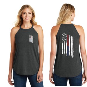 Women&#39;s Thin Blue Red Line Tattered American Flag Rocker Tank Top - Law Enforcement and Firefighters