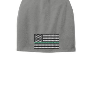 Grey Thin GREEN Line Flag Slouch Beanie Hat - Military and Federal Agents