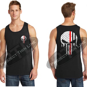 Tattered American Flag Skull Thin Red Line Tank Top Fireman, Firefighter, Firemen, Firefighters