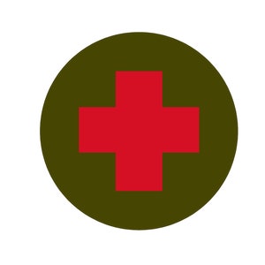 May include: A red cross symbol on a dark green circle.