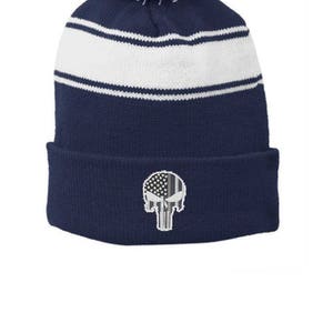 Dünne Silber Linie bestickt Schädel Punisher Korrekturen Offizier Wache blau Pom Pom blau Winterhut