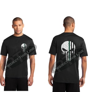 Tattered American Skull Flag Thin Green Line Performance Short Sleeve T Shirt  - Military members and Federal Agents