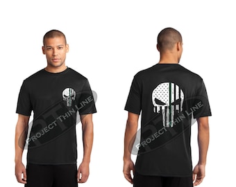 Tattered American Skull Flag Thin Green Line Performance Short Sleeve T Shirt  - Military members and Federal Agents