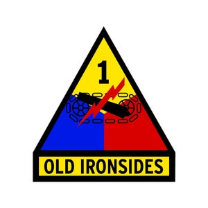 May include: A yellow triangle with a blue and red section, a black cannon with a lightning bolt, and the number "1" inside. The text "OLD IRONSIDES" is at the bottom.