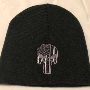 Thin SILVER Line Embroidered Skull Punisher Corrections Officer Guard Black Skull CapWinter Hat