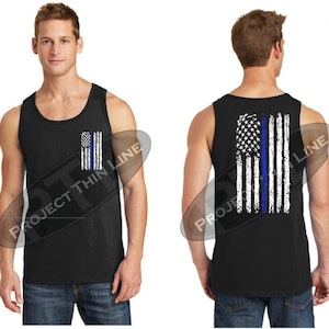 Tattered American Flag Thin Blue Line Law Enforcement Police Tank Top Shirt