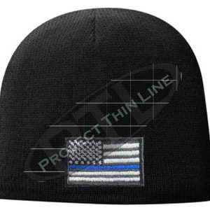 Schwarze dünne blaue Linie Flagge Slouch Beanie Hut - Strafverfolgung