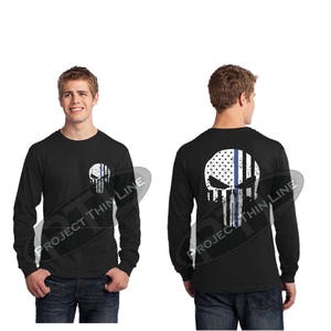 Tattered American Skull Thin Blue Line Police Law Enforcement Punisher L/S Shirt