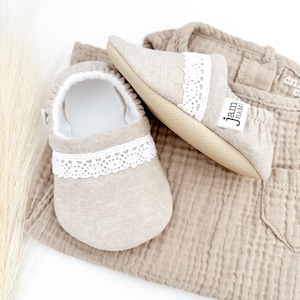 LINEN AND LACE baby booties, slippers, crib shoes, soft sole, moccasins, baby shoes
