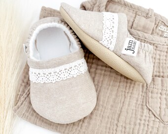 Linen and Lace Baby Booties: Handmade Soft Sole Crib Shoes
