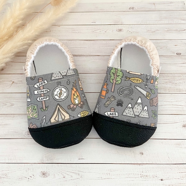 CAMPING ADVENTURE baby booties, slippers, crib shoes, soft sole, moccasins, baby shoes
