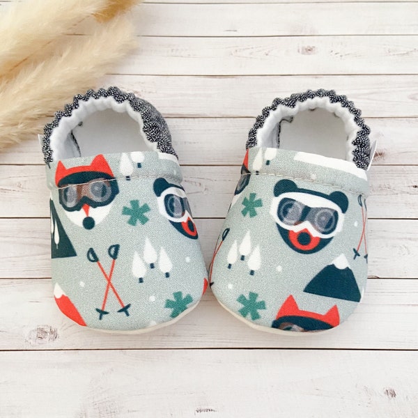 SKI baby booties, slippers, crib shoes, soft sole, moccasins, baby shoes